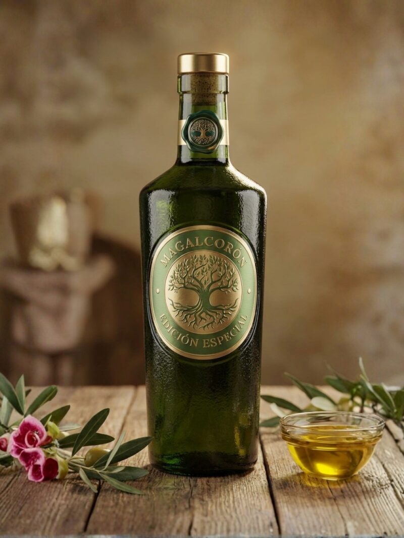 Botella de Edición Especial AOVE con Oro Magalcoron 500 ml, aceite de oliva virgen extra premium en formato exclusivo para regalo gourmet.