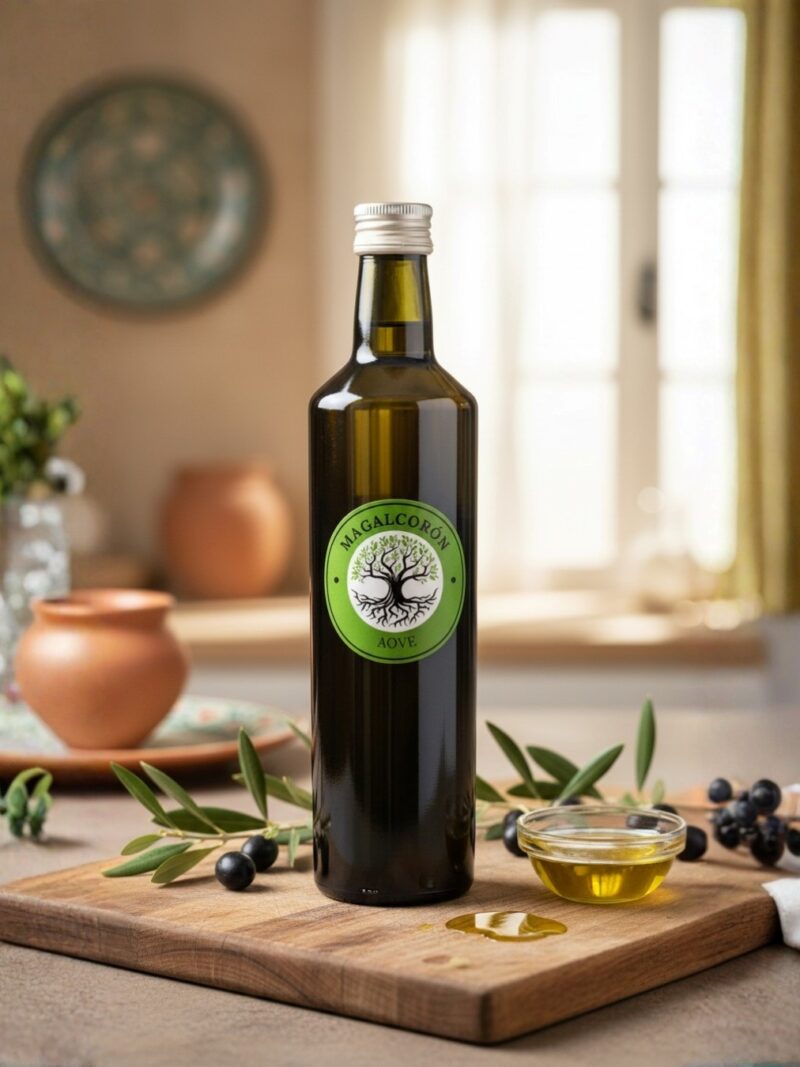 Botella de AOVE Magalcorón Ecológico 750 ml, aceite de oliva virgen extra premium ecológico para recetas saludables y cocina de calidad.
