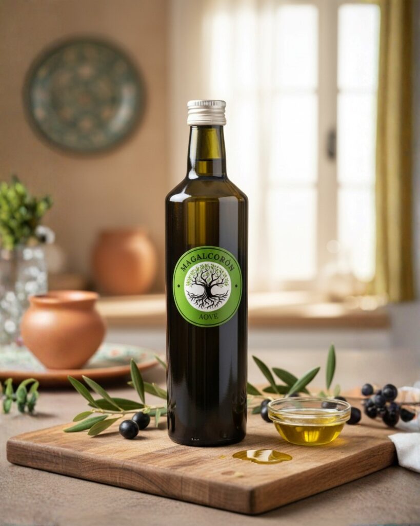 Botella de AOVE Magalcorón Ecológico 750 ml, aceite de oliva virgen extra premium ecológico para recetas saludables y cocina de calidad.