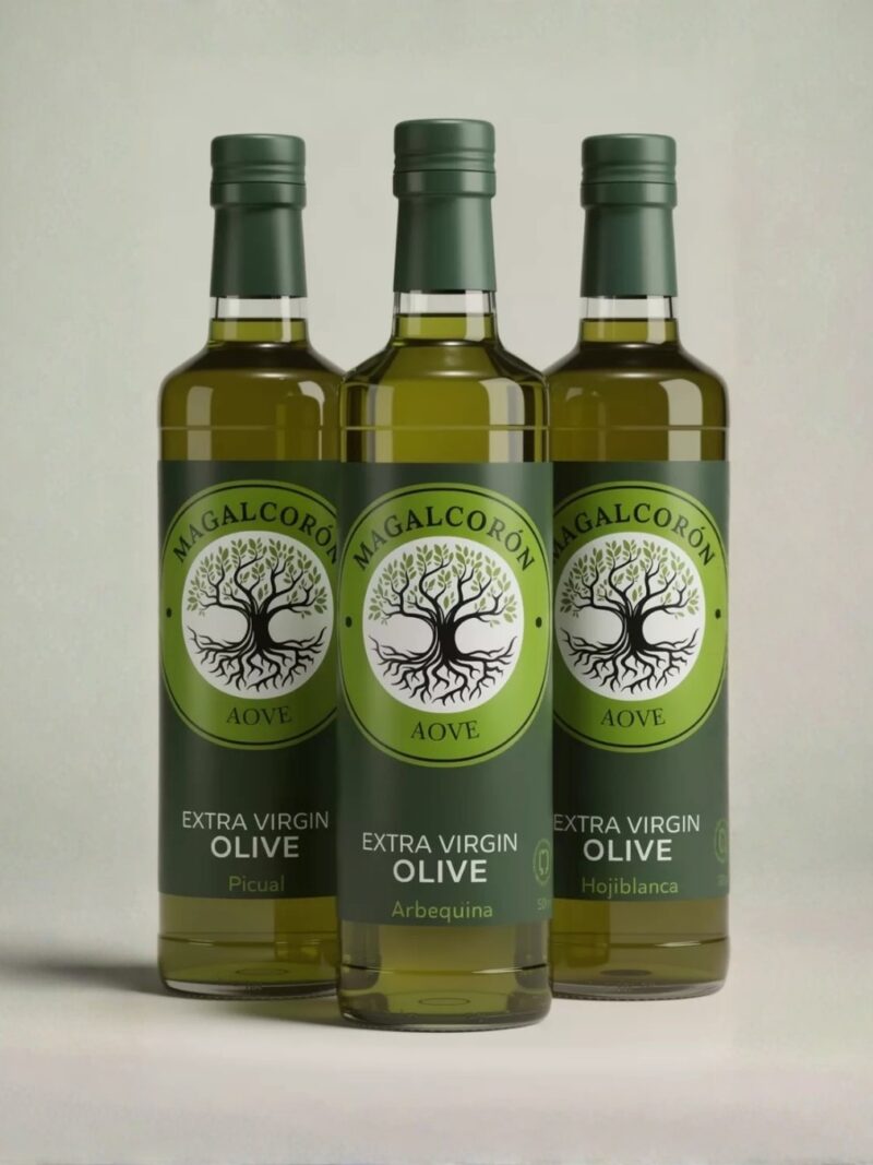 Pack Degustación Magalcorón 3x250 ml de aceite de oliva virgen extra premium, ideal para regalar, catar y usar en platos gourmet.